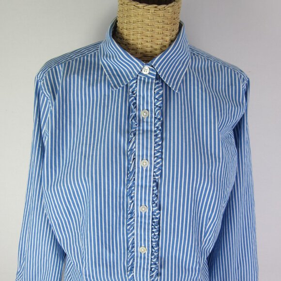 Lands End Women 14 Blue White Stripe Cotton Shirt Blouse Ruffle Nautical Classic - Picture 2 of 10